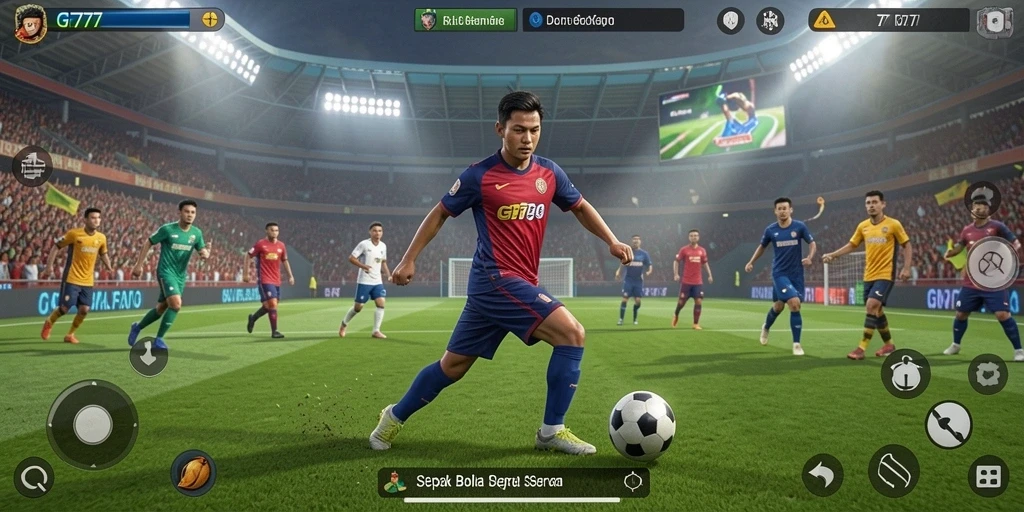 Tampilan seru dari gameplay sepuluh pemain beradu di lapangan.