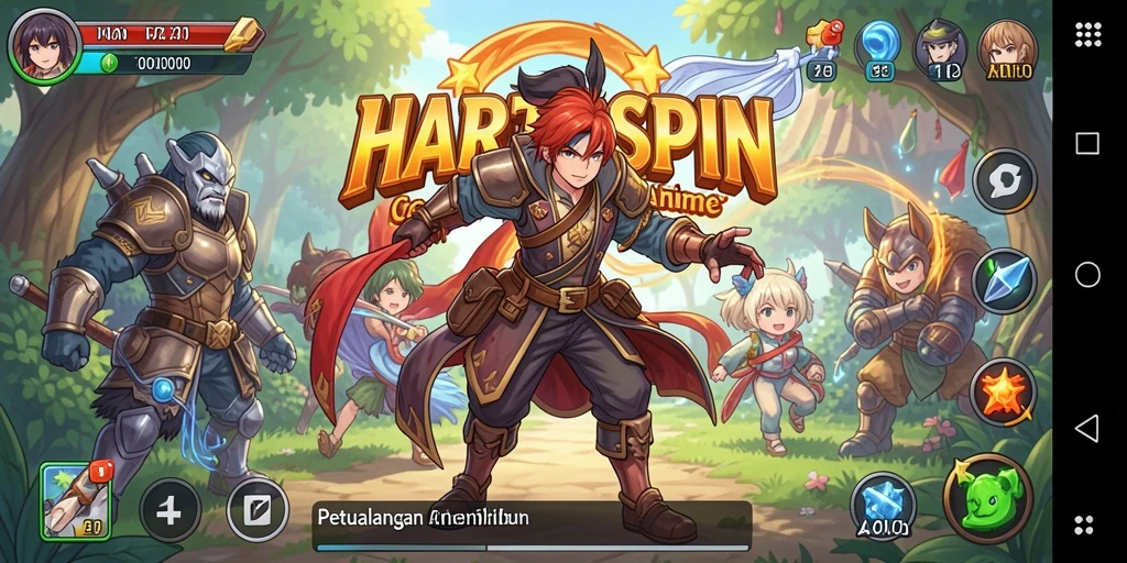 Tampilan gameplay HARTASPIN dengan aksi seru dan karakter anime.