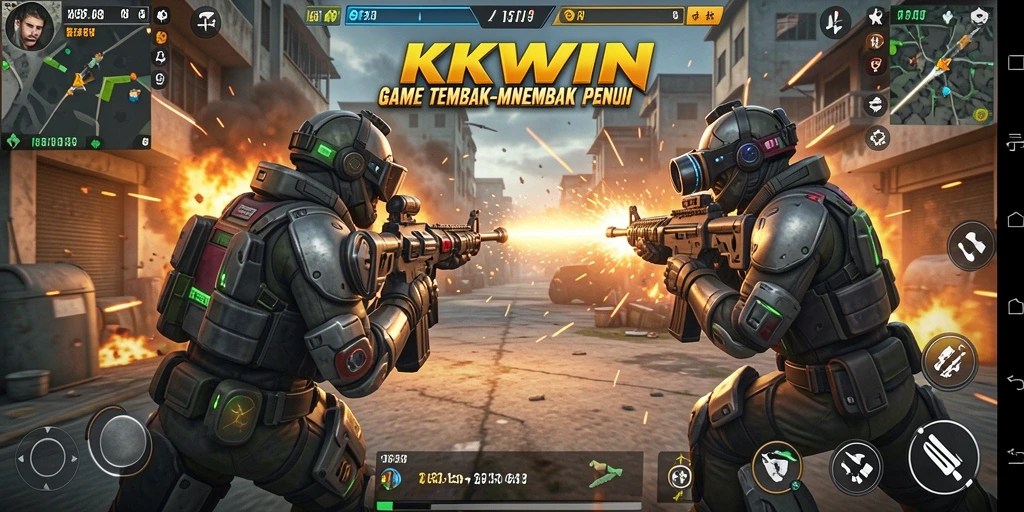 Tangkapan layar gameplay seru KKWIN dalam aksi tembak-menembak.