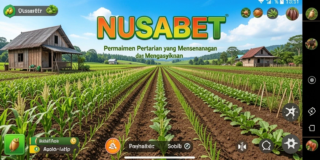Tampilan gameplay NUSABET dengan kebun dan hewan ternak yang ceria.