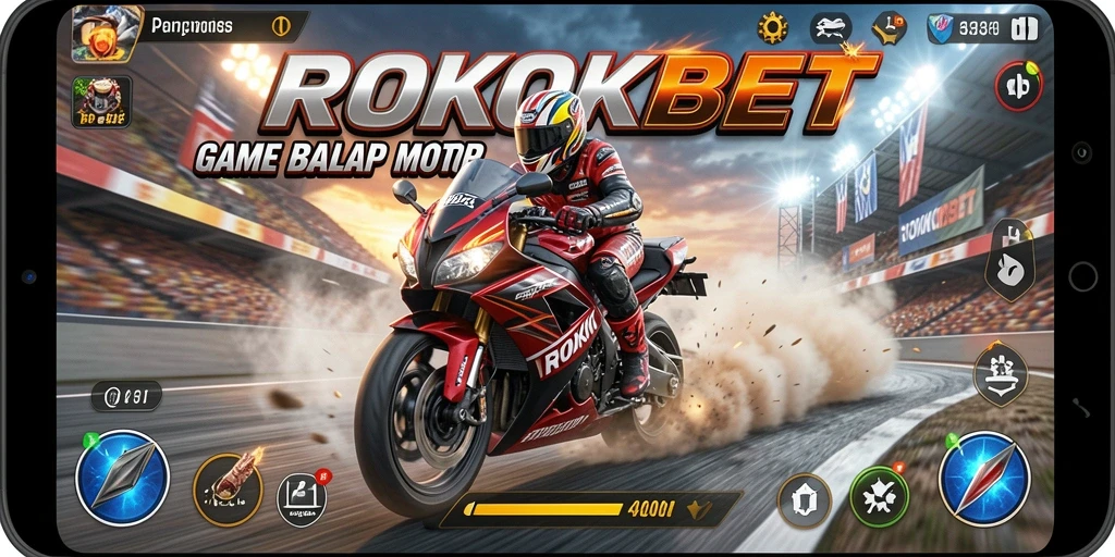 Tampilan gameplay seru ROKOKBET dengan balapan motor yang cepat.