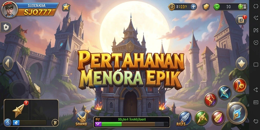 Screenshot gameplay SJO777 yang menampilkan pertarungan menara pertahanan.