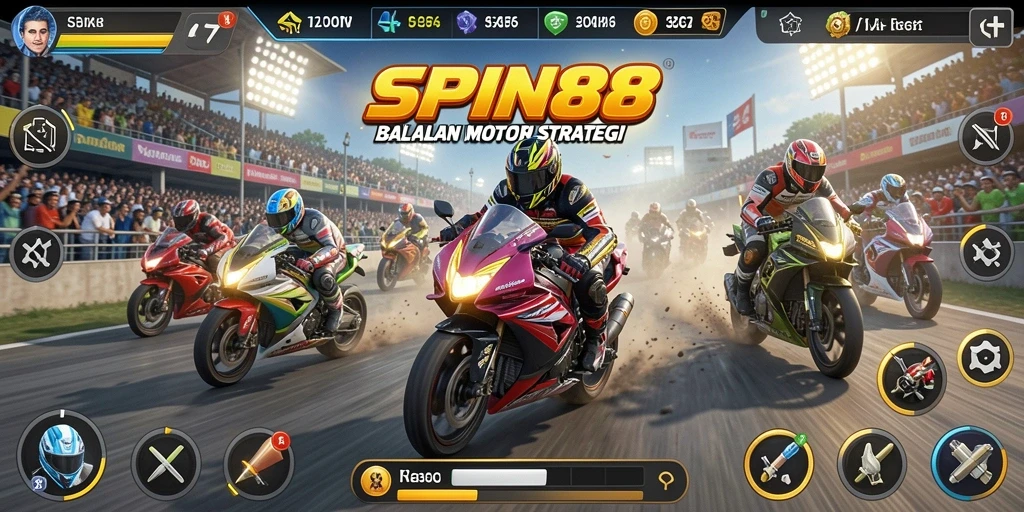 Screenshot gameplay SPIN88 menampilkan balapan motor yang seru dan mendebarkan.